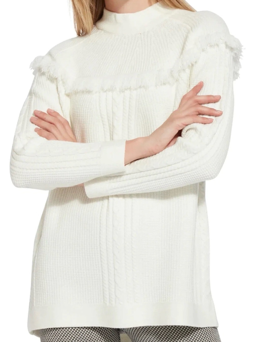 Lysse XL NWT Women’s Fringe Yoke Cable Knit Sweater - White